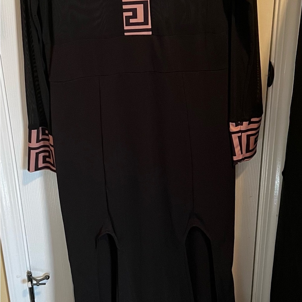 Floor Length Chic Black Dress with Geometric Accents (See-Through Top)